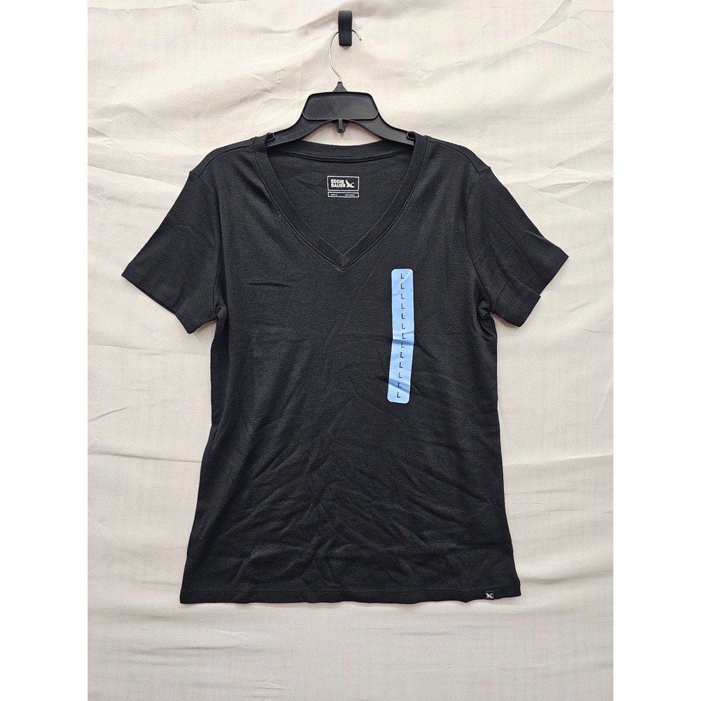 Eddie Bauer Womens V-Neck Short Sleeve T-Shirt Black Cotton Blend Casual‎ Size L